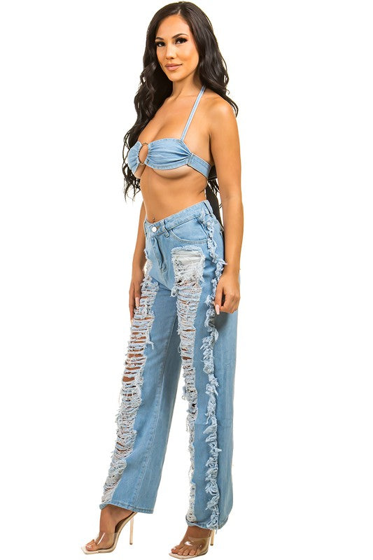 Denim Two Piece Pants Set