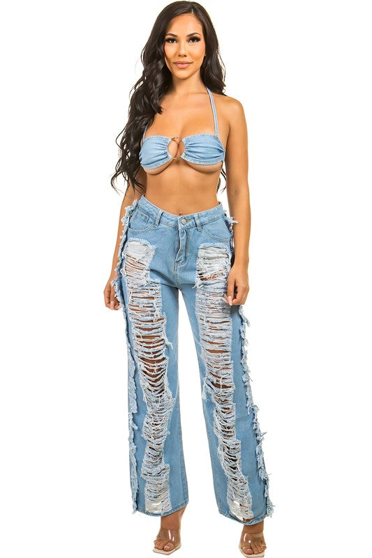 Denim Two Piece Pants Set