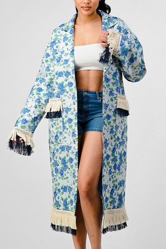 Blue Floral Tassel Long Overcoat