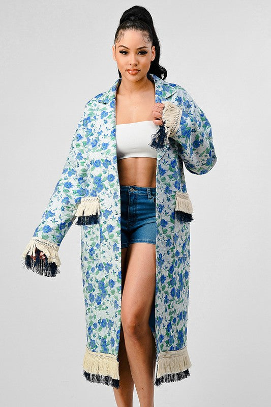 Blue Floral Tassel Long Overcoat