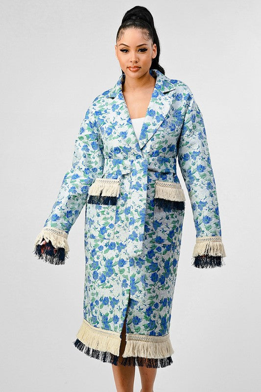 Blue Floral Tassel Long Overcoat