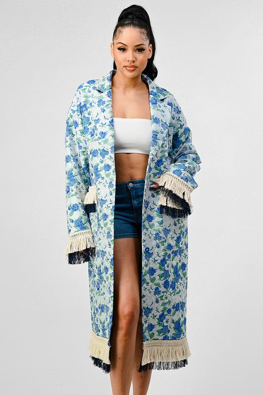 Blue Floral Tassel Long Overcoat