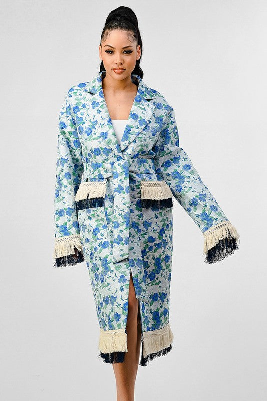 Blue Floral Tassel Long Overcoat