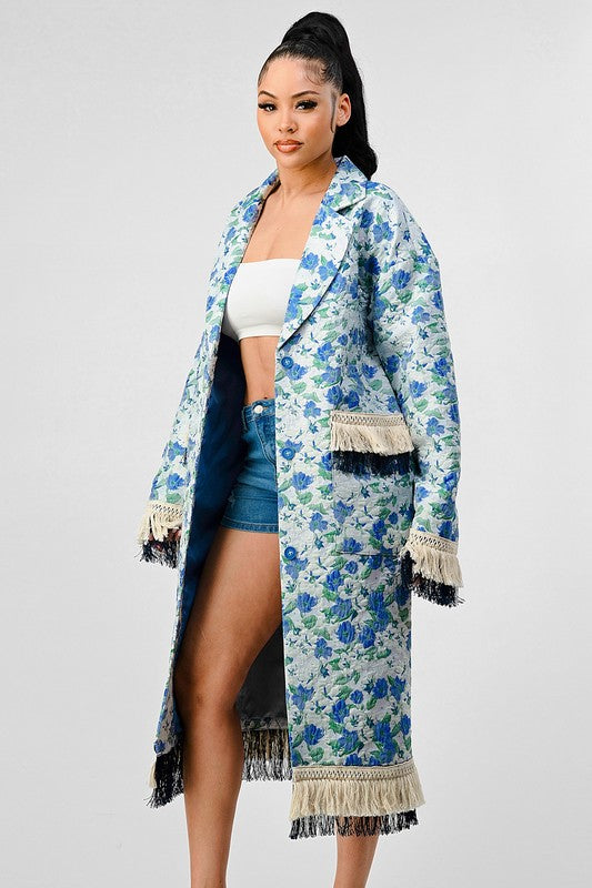 Blue Floral Tassel Long Overcoat