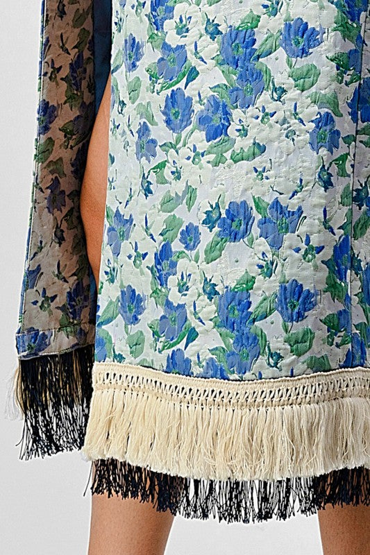 Blue Floral Tassel Long Overcoat