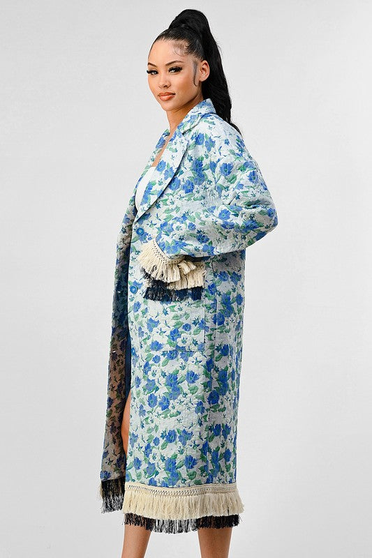 Blue Floral Tassel Long Overcoat