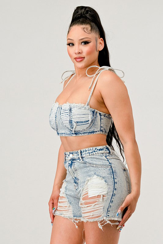 NSA Distressed Denim Short Set