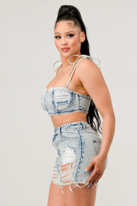 NSA Distressed Denim Short Set