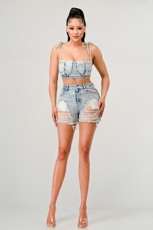 NSA Distressed Denim Short Set