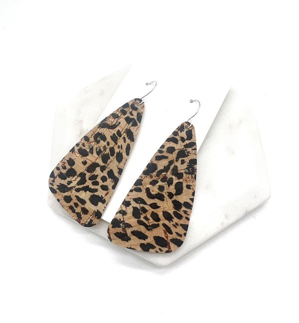 Leopard Corkleather Angle Wedge Leather Earrings