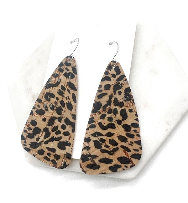 Leopard Corkleather Angle Wedge Leather Earrings