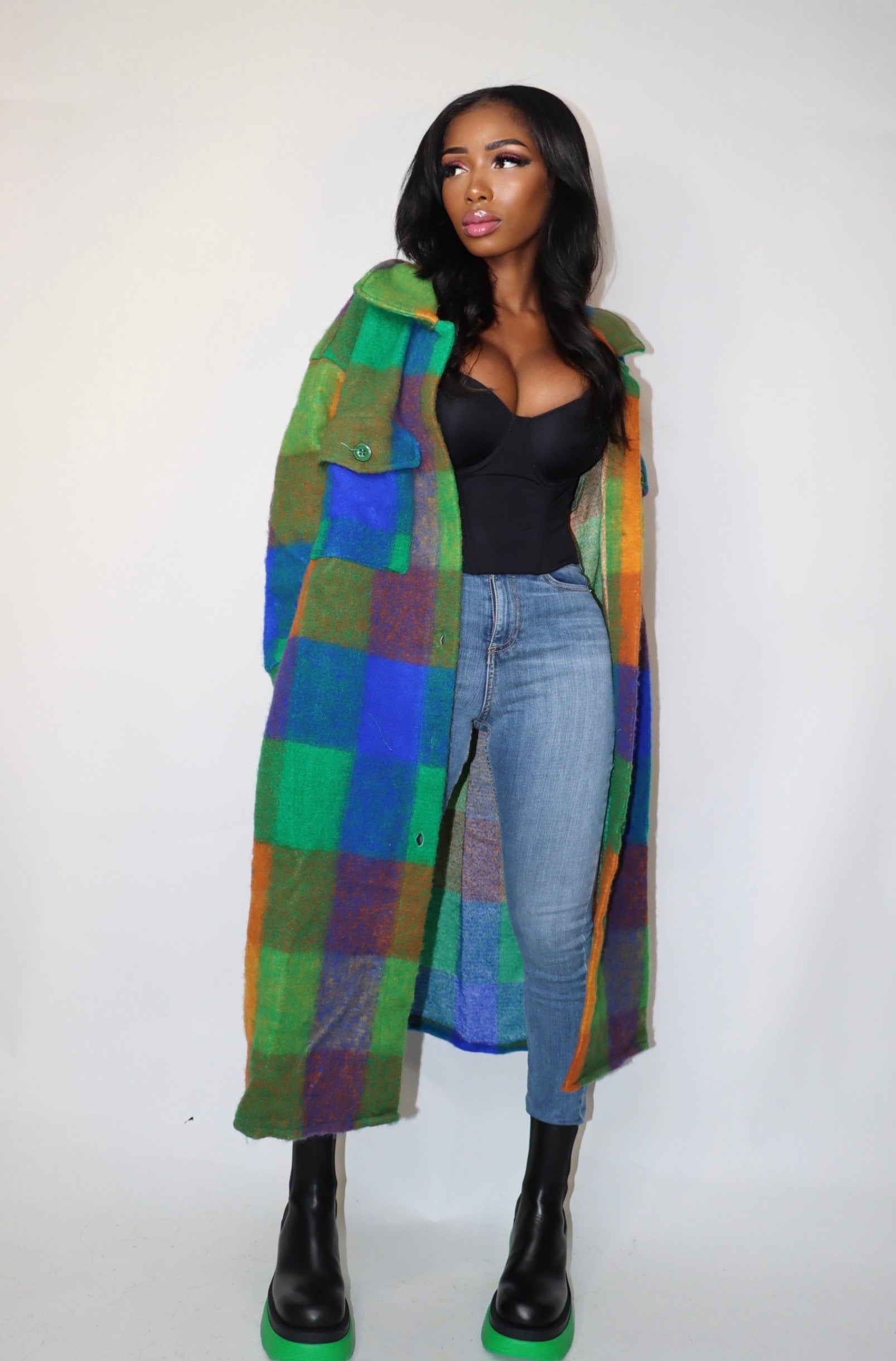 Green Check Print Multicolor Wool Shacket
