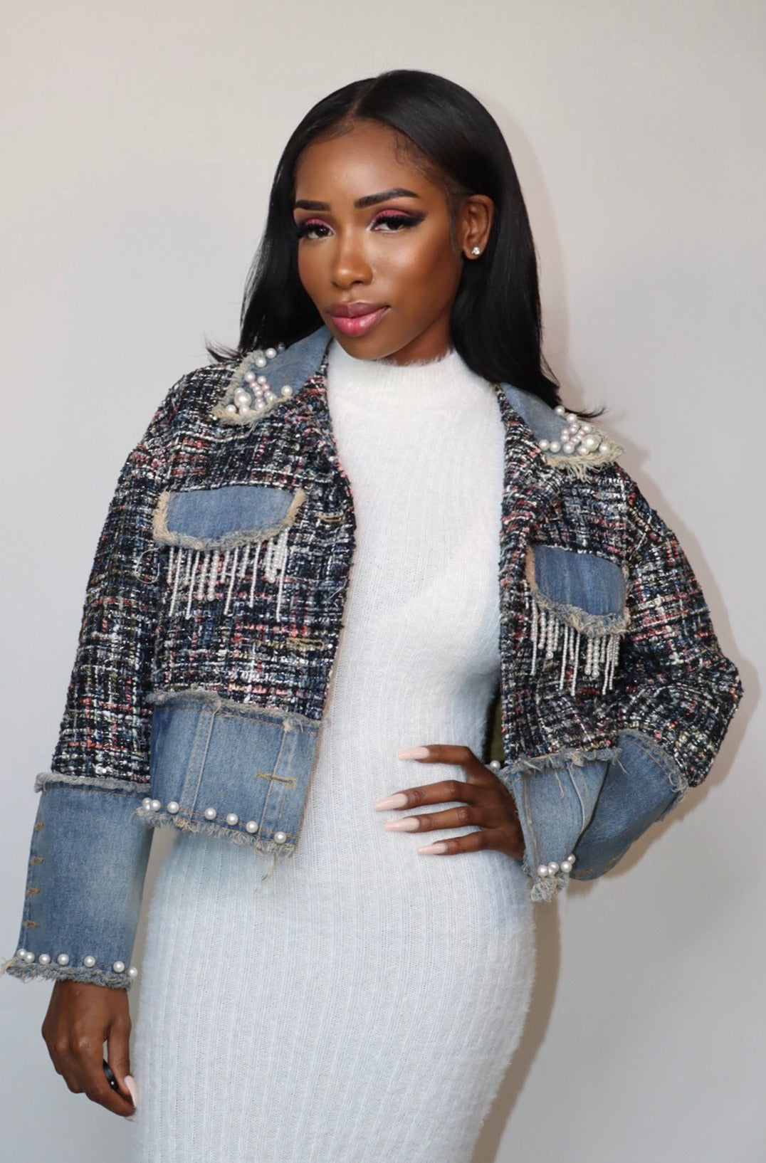 Rich Auntie Luxe Tweed Denim Jacket
