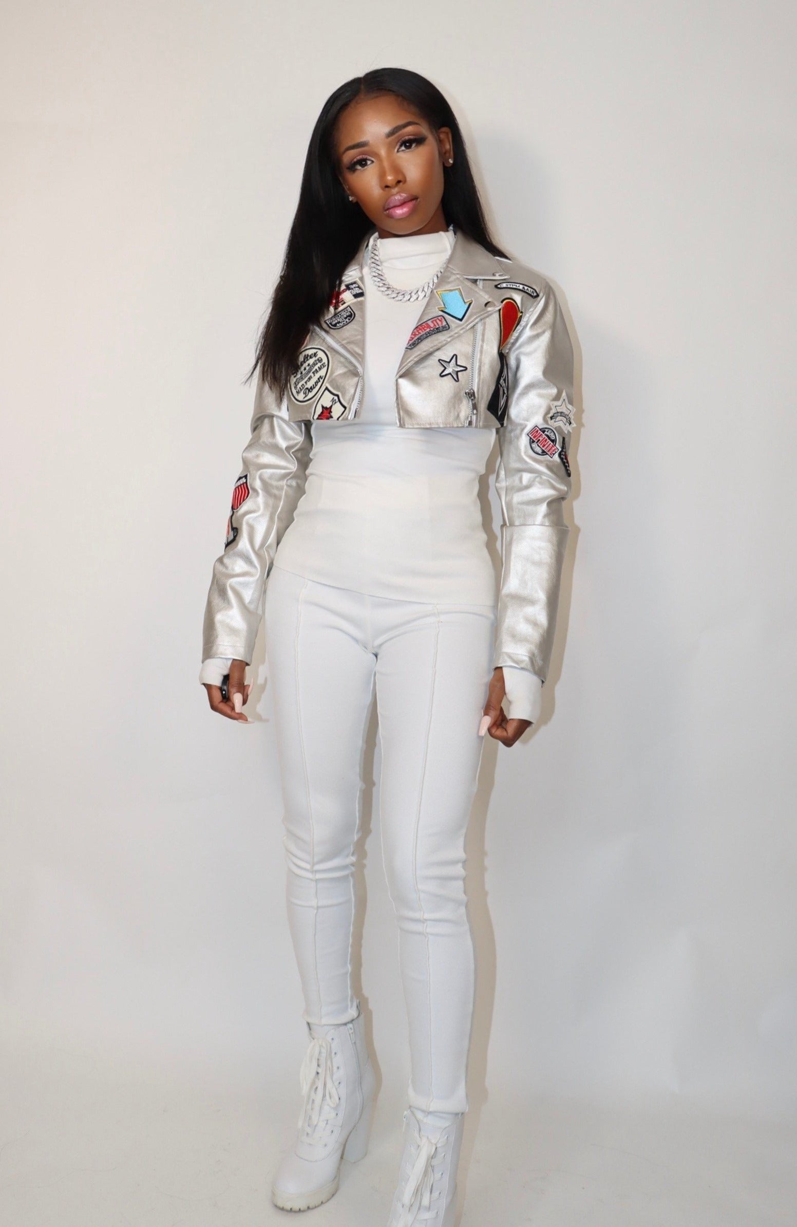 Cadet Silver Patch Crop Moto Jacket