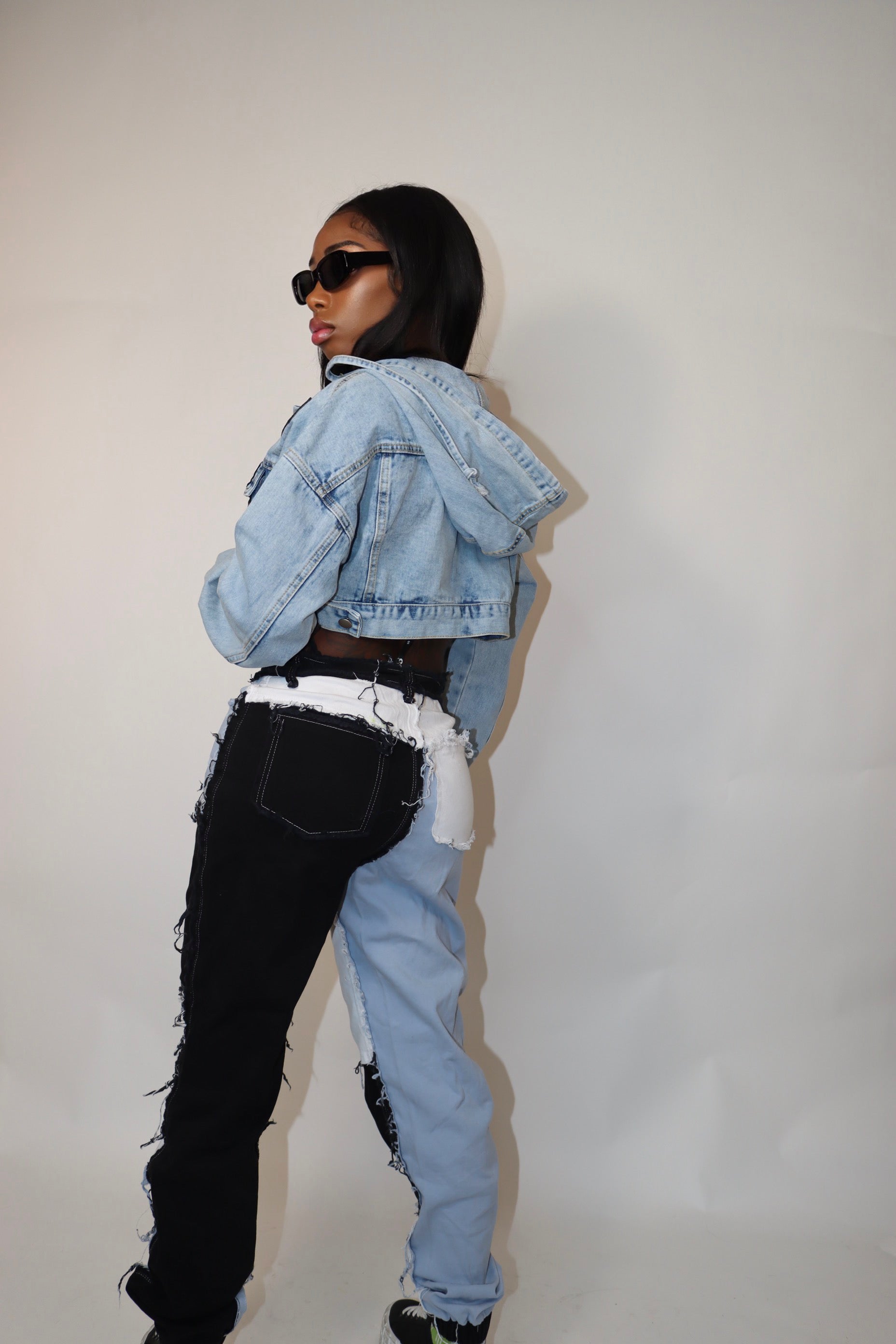 Colorblock Denim Joggers Set