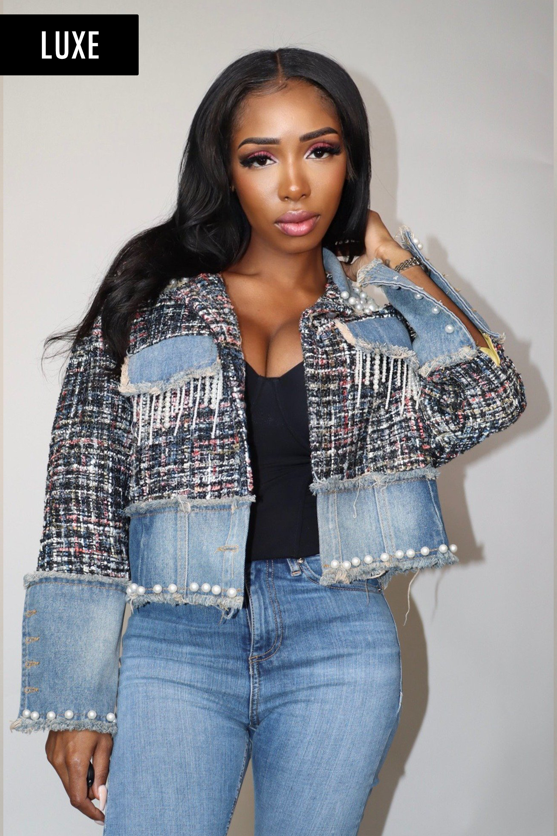 Rich Auntie Luxe Tweed Denim Jacket
