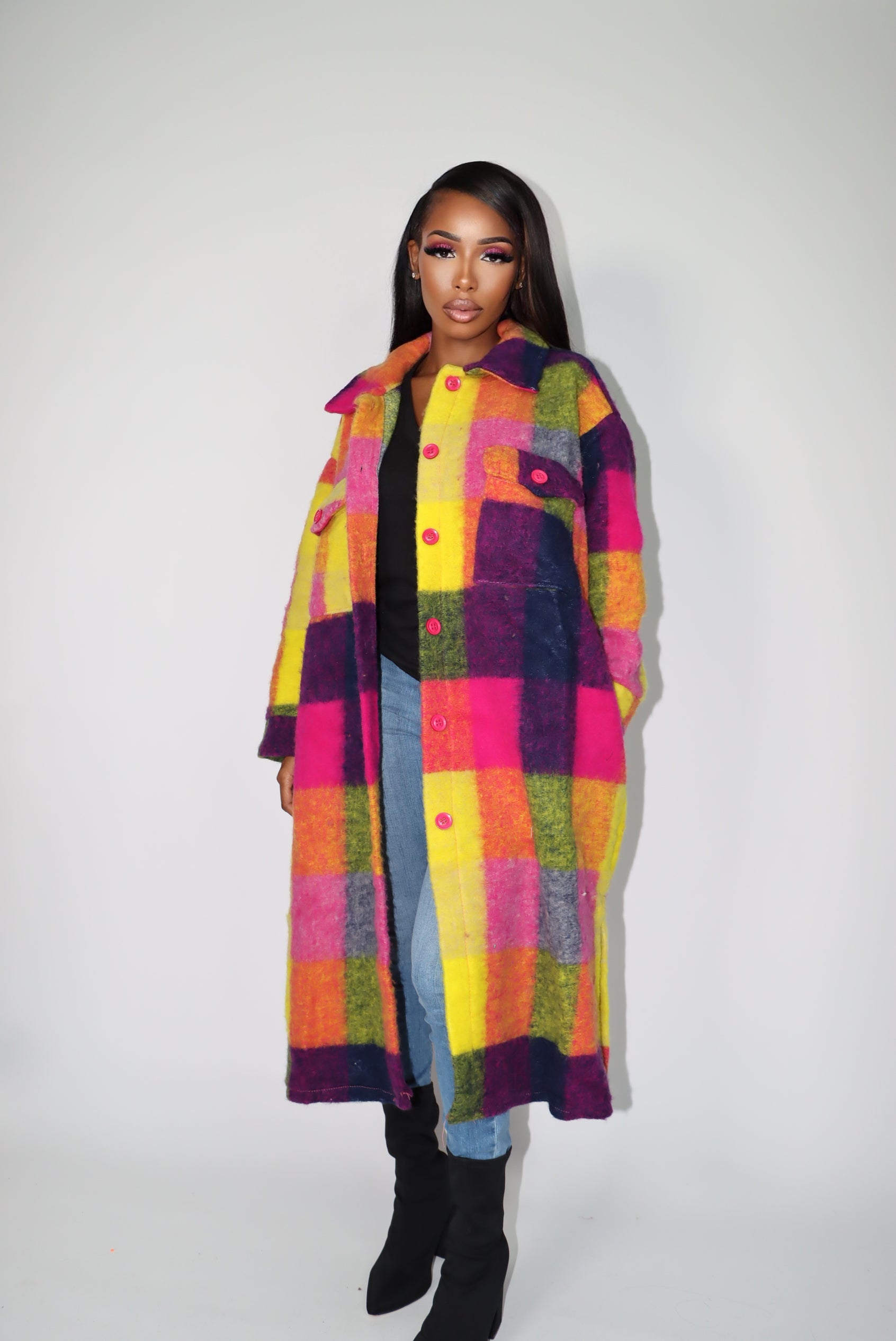Pink Check Print Multicolor Wool Shacket
