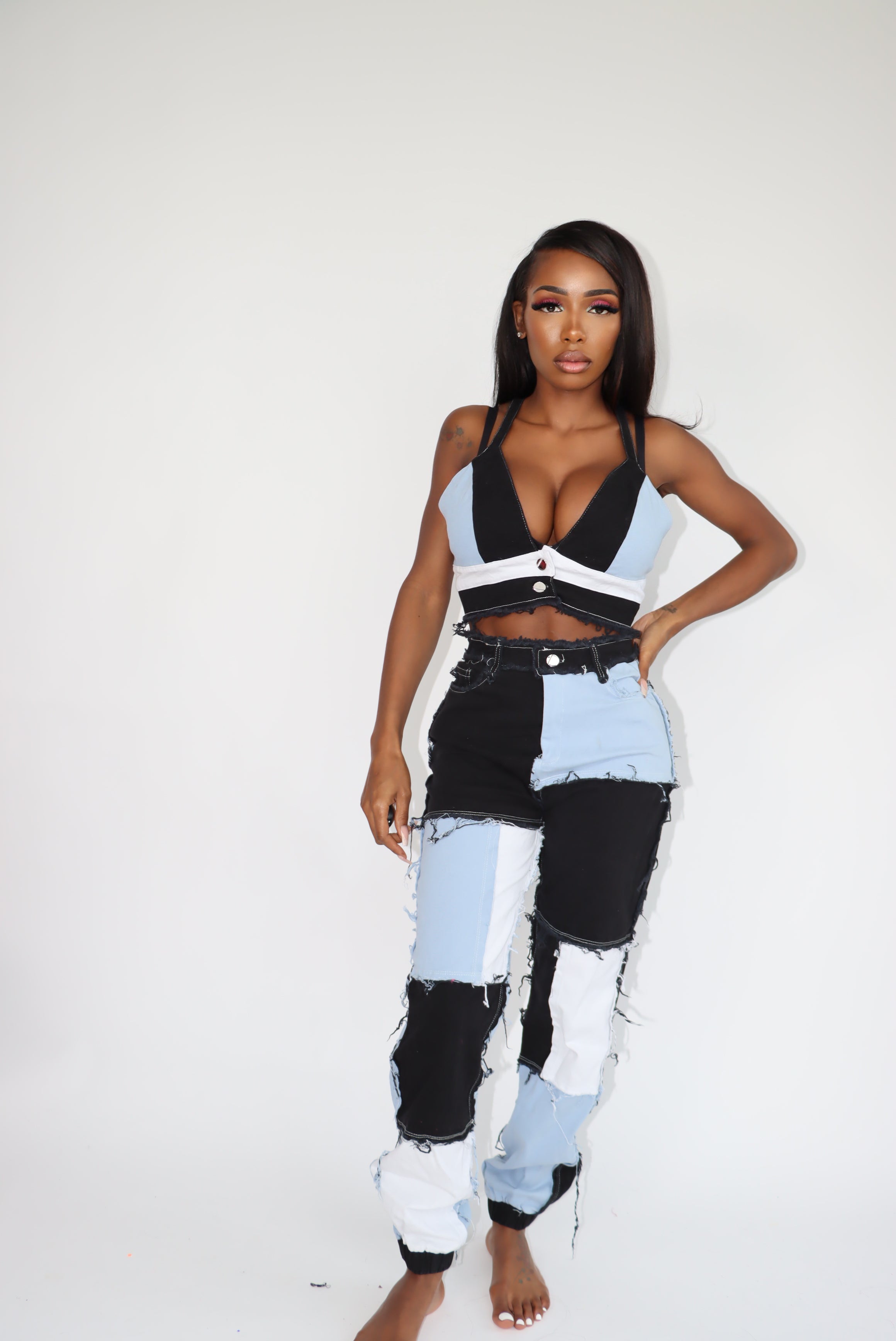 Colorblock Denim Joggers Set