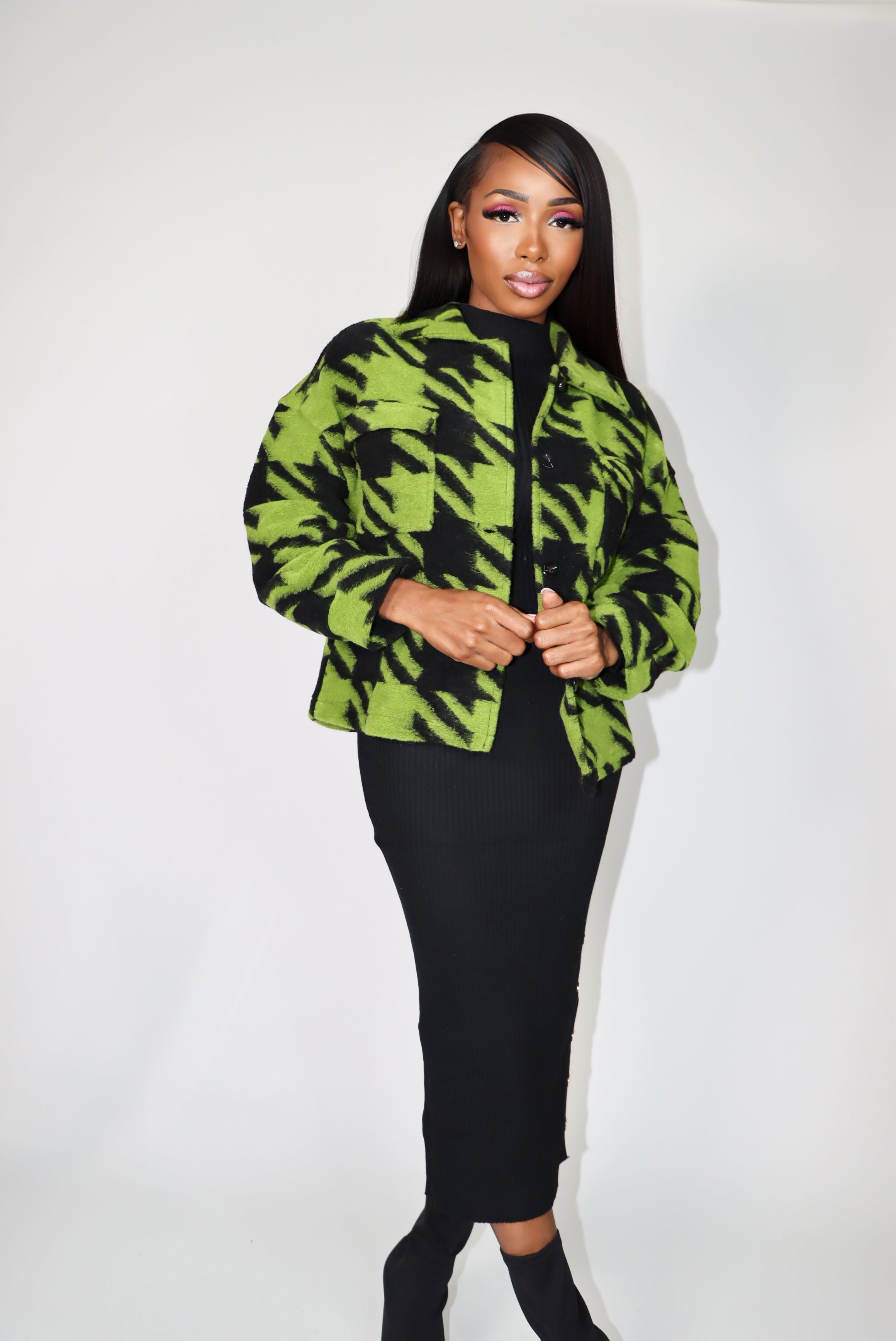 Olive Houndstooth Boucle Short Jacket