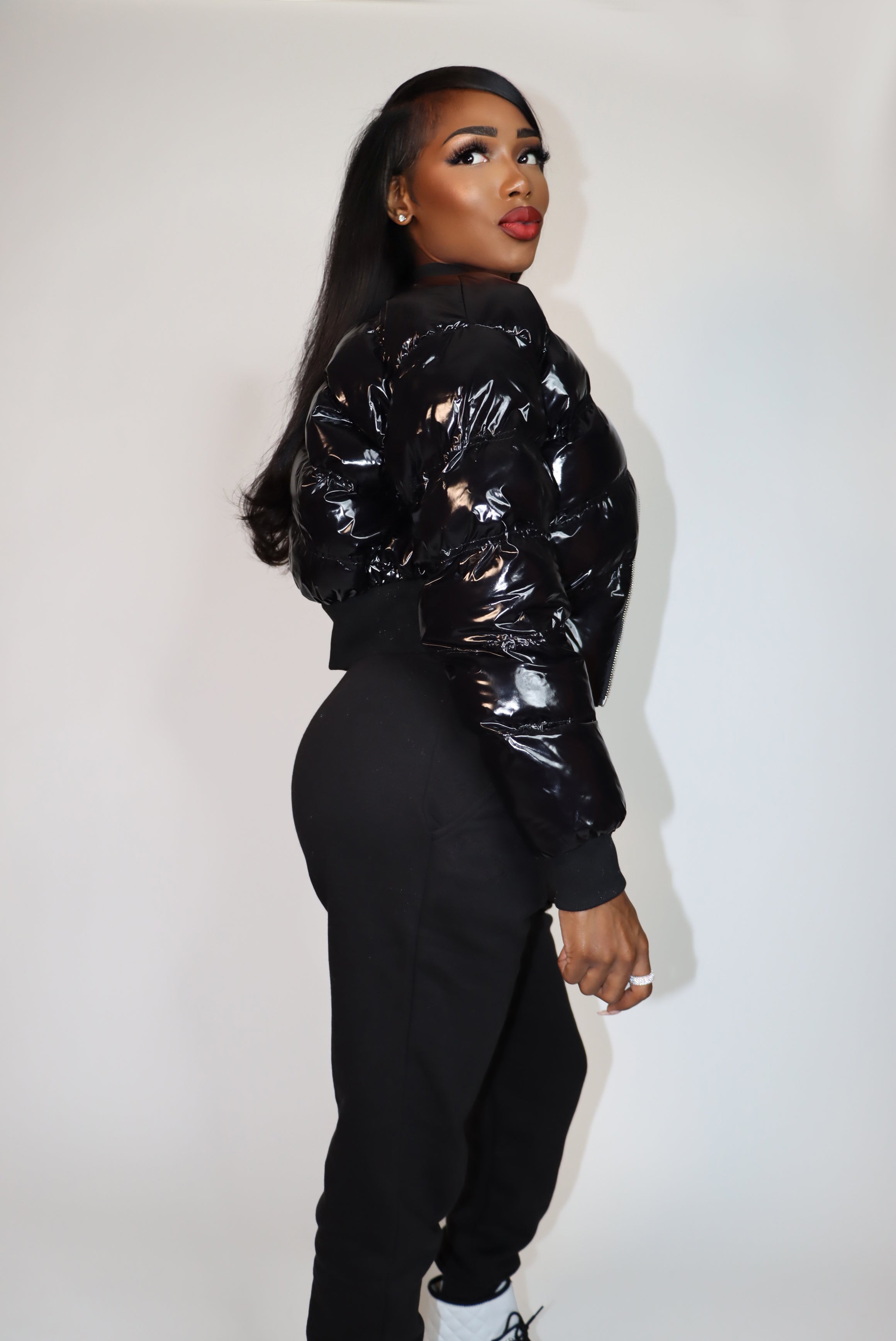 Chevron Stitched Cropped Puffer Coat