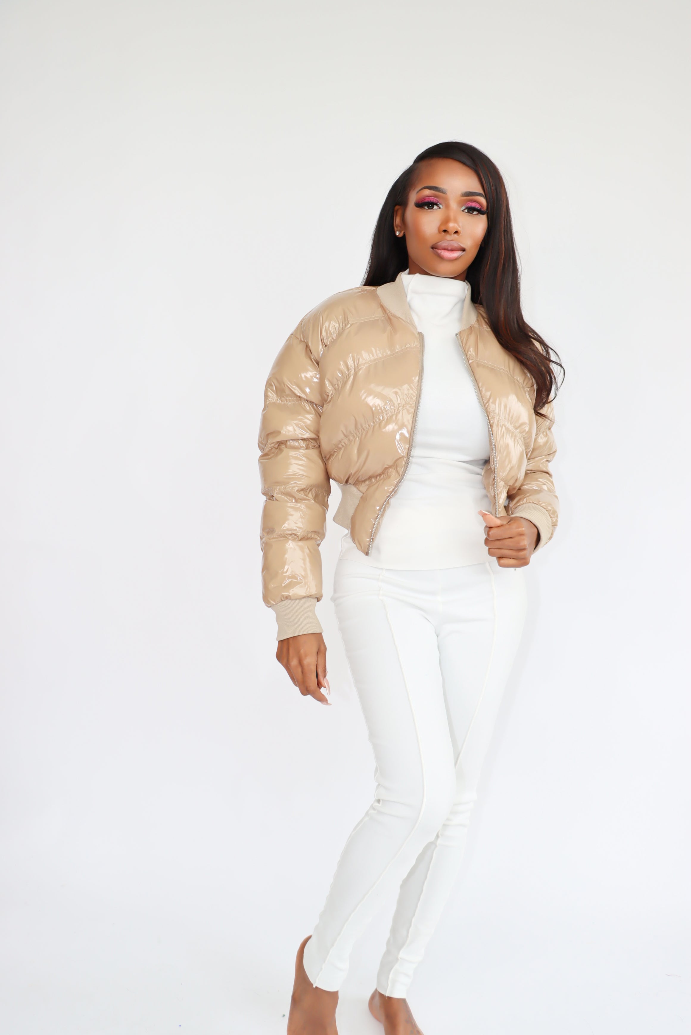Chevron Stitched Cropped Puffer Coat