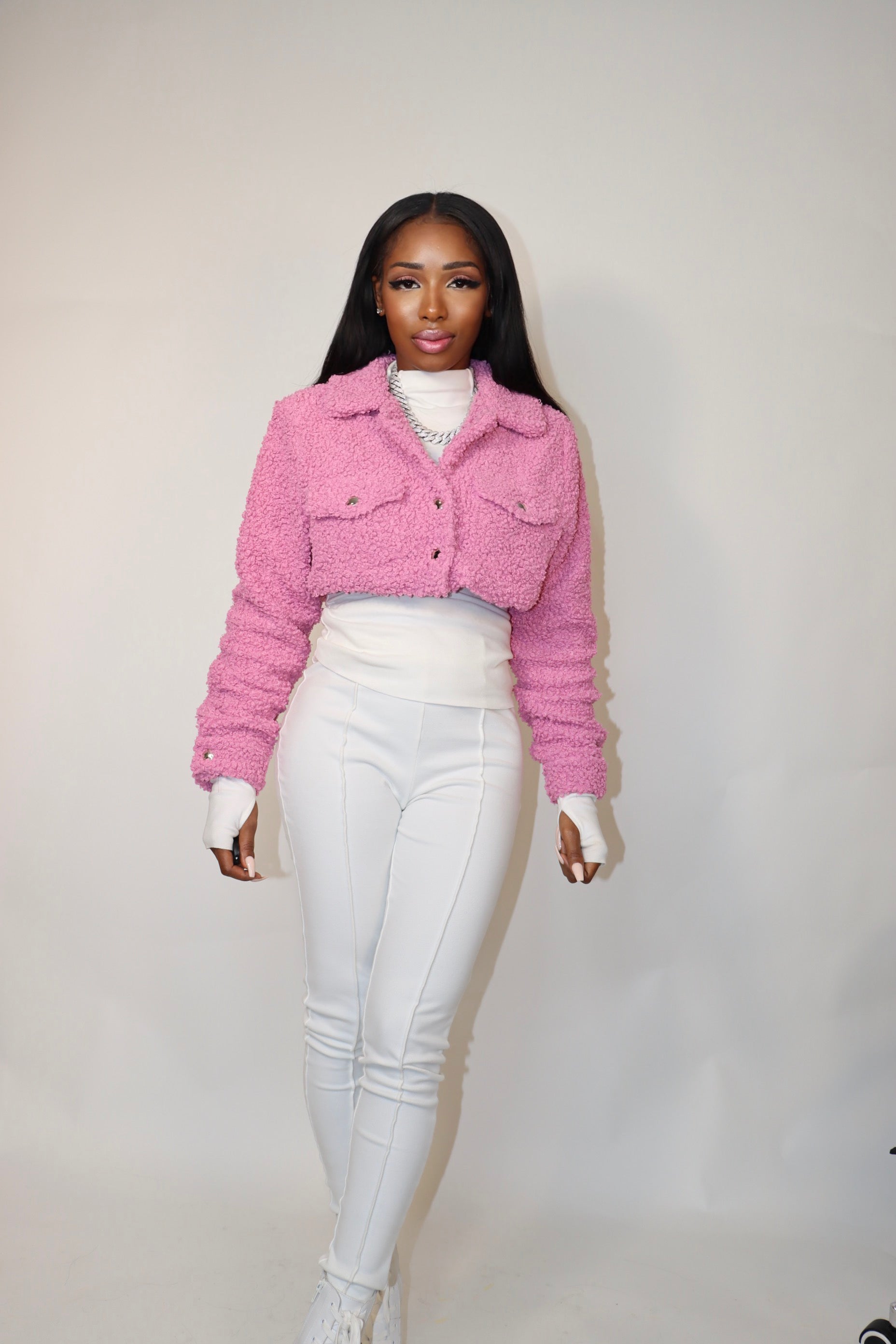 Pink Power Teddy Crop Shacket
