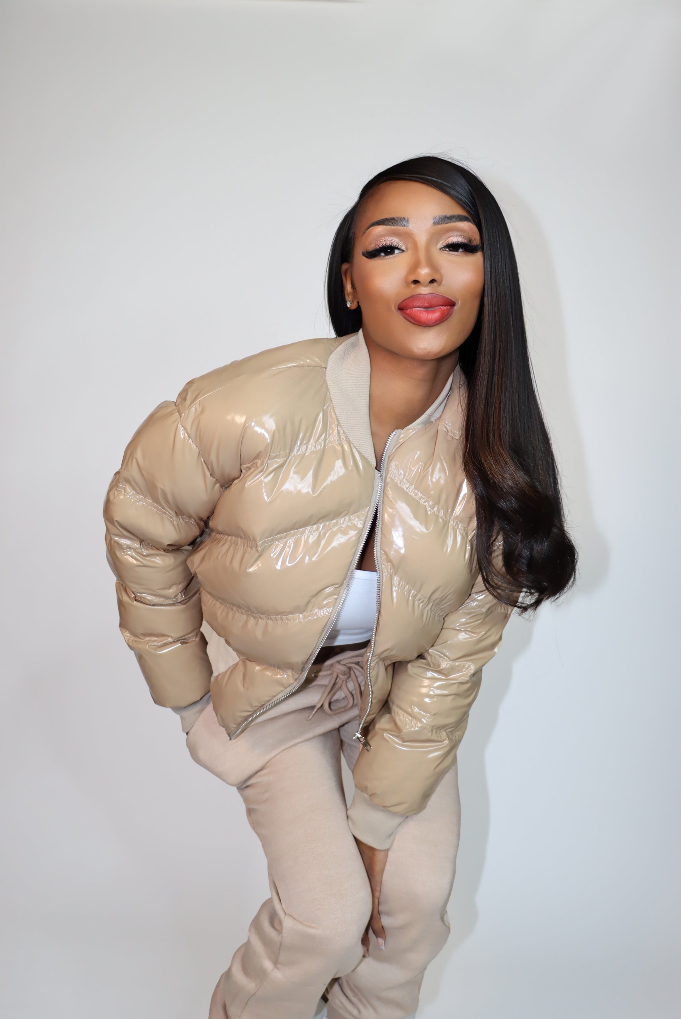 Chevron Stitched Cropped Puffer Coat