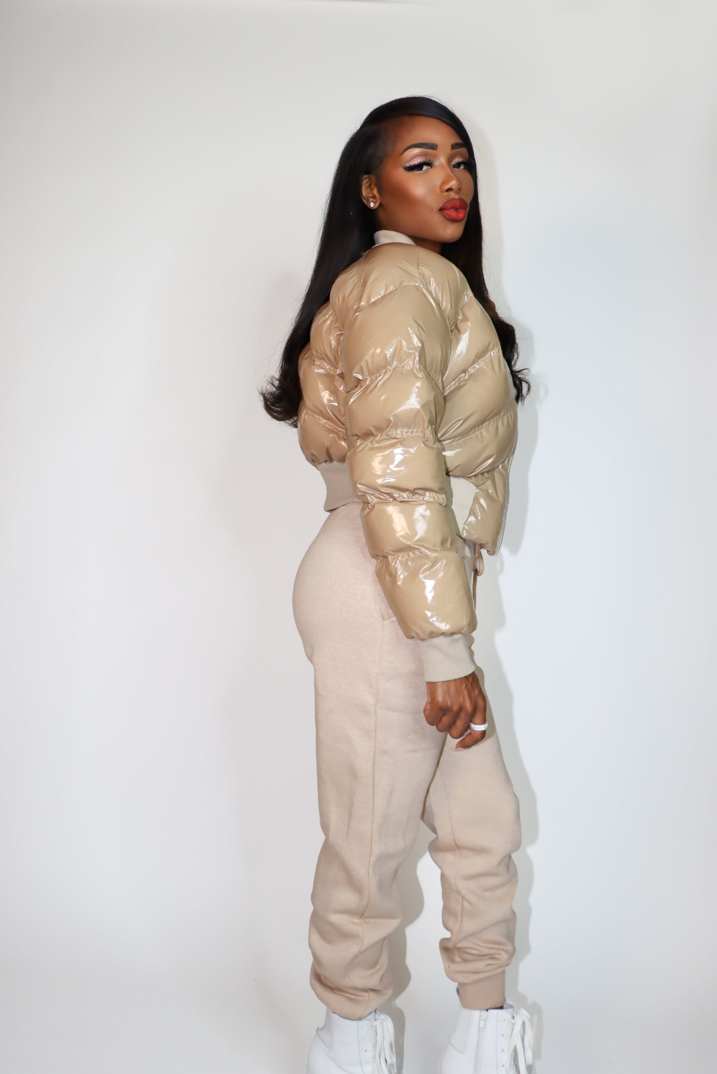 Chevron Stitched Cropped Puffer Coat