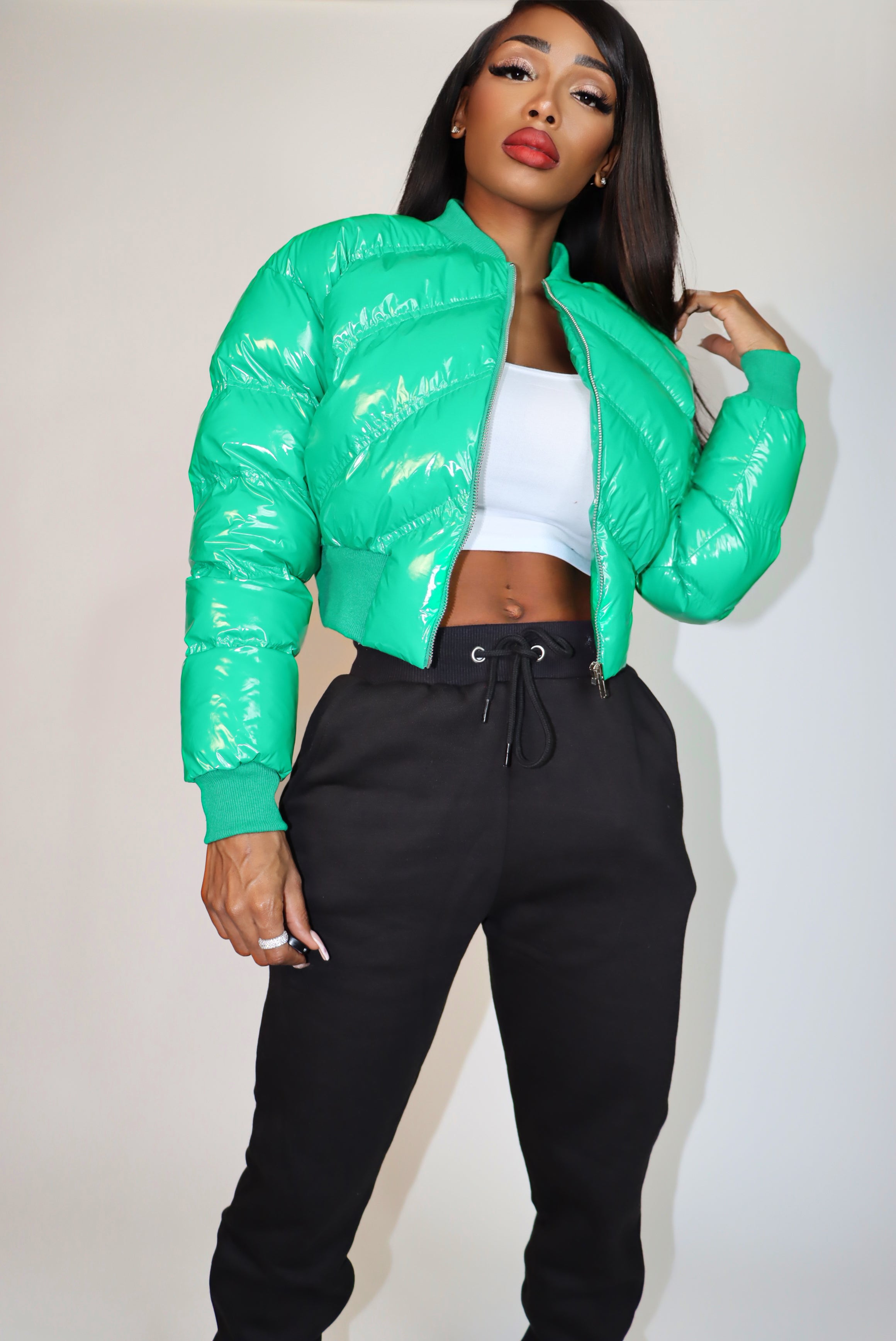 Chevron Stitched Cropped Puffer Coat