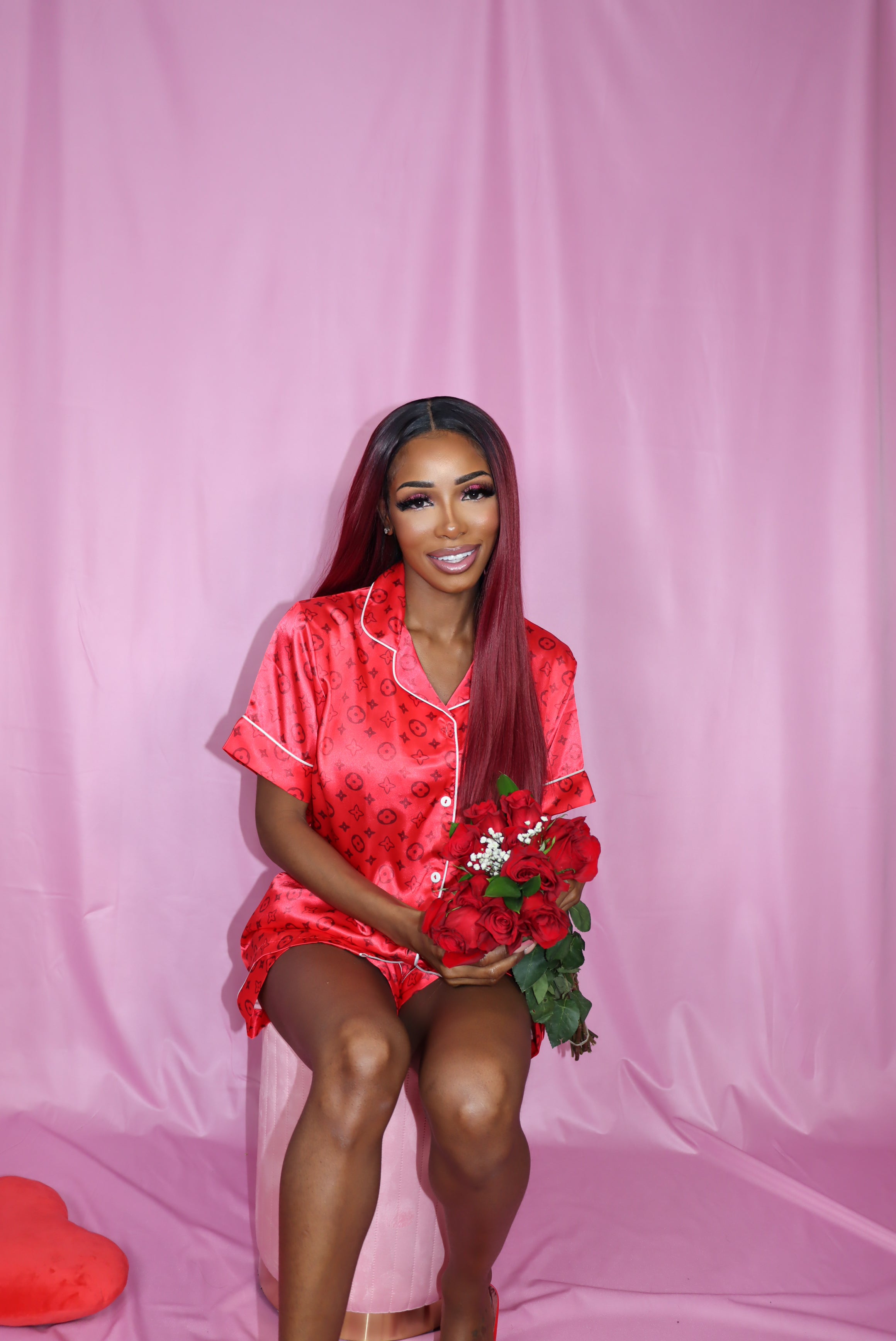 Red Satin Silk Pajama Short Set