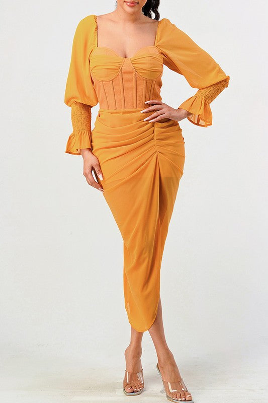 Summer solid yellow long sleeve chiffon dress