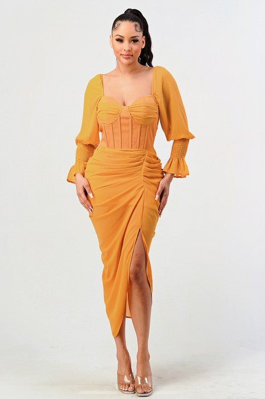 Summer solid yellow long sleeve chiffon dress