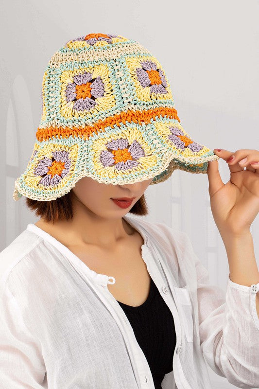 Packable crochet granny square bucket hat