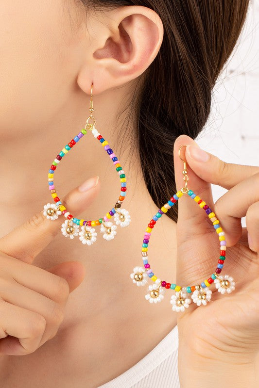 Seed bead daisy charm drop hoop earrings