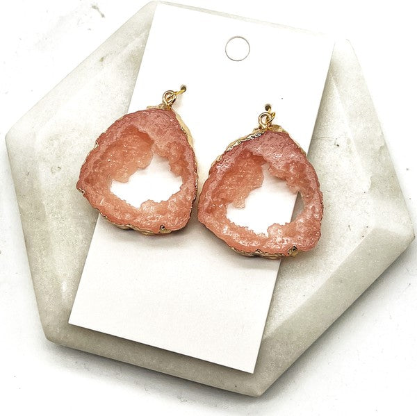 Pink Coral Agate Slice Resin Statement Earrings