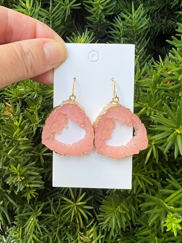 Pink Coral Agate Slice Resin Statement Earrings