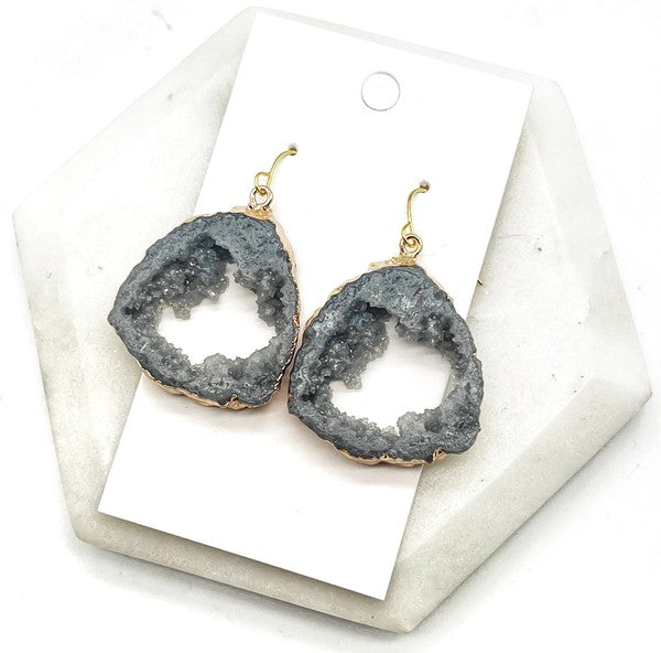 Grey Gray Agate Slice Resin Statement Earrings