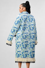 Blue Floral Tassel Long Overcoat