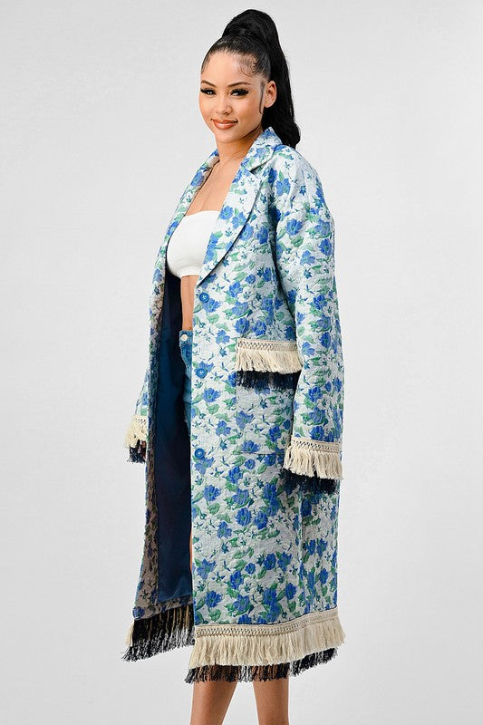 Blue Floral Tassel Long Overcoat