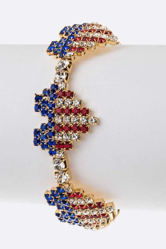 USA Flag Rhinestone Heart Cuff Bracelet