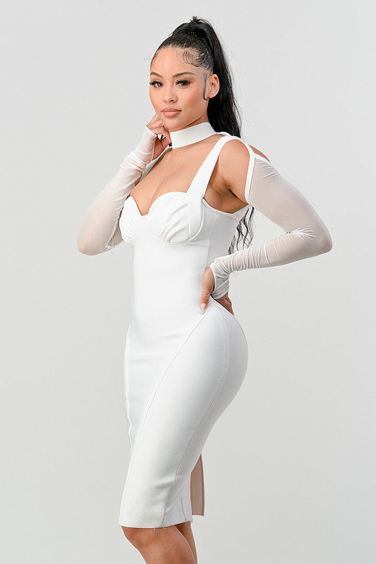 White Chic Contour Cold-Shoulder Midi Dress