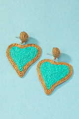 Raffia straw two tone heart drop earrings