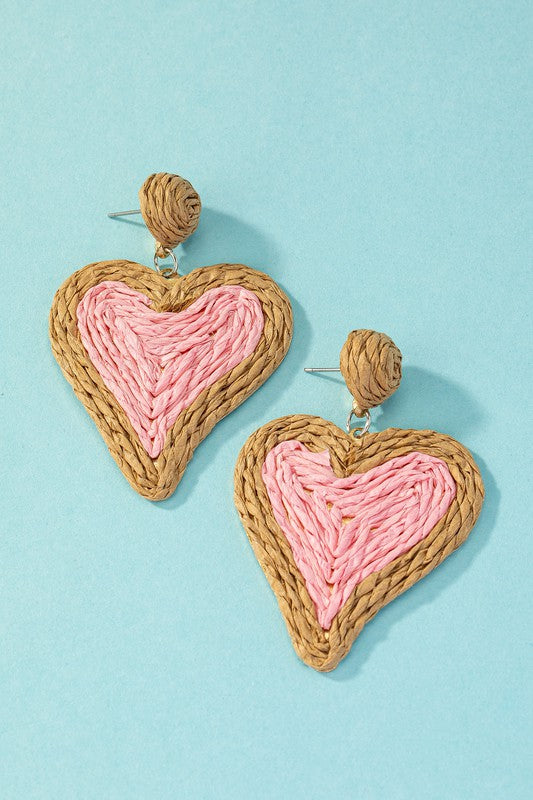 Raffia straw two tone heart drop earrings