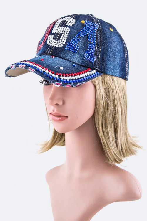 Crystal USA Embelished Fashion Denim Cap