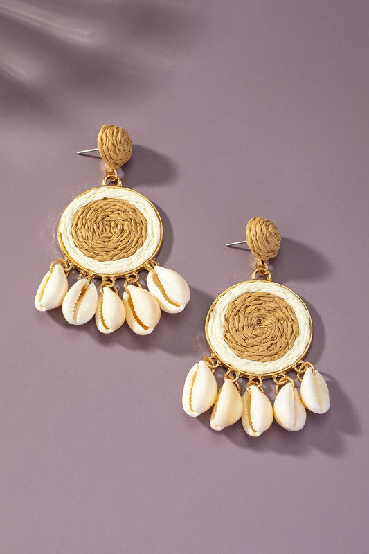 raffia straw disk earrings with puka shell drops