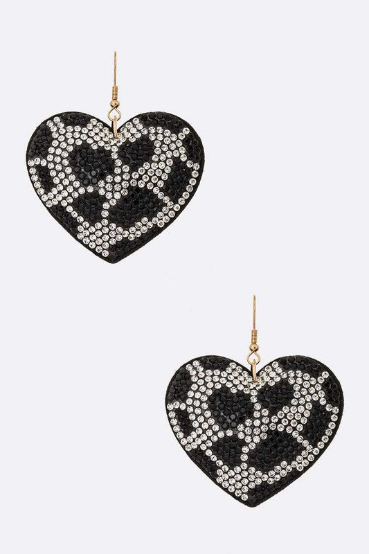 Cow Print Rhinestone Heart Pillow Earrings