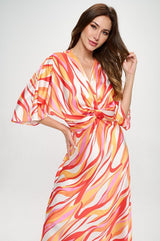 Front Twist Multi Color Print Satin Dress