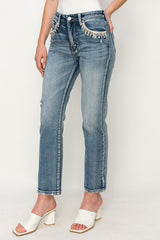 HIGH RISE CRYSTAL EMBELLISHED CROP STRAIGHT JEANS