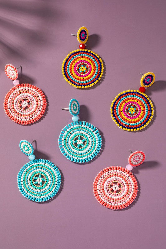 hand made color seed bead disk drop earrings