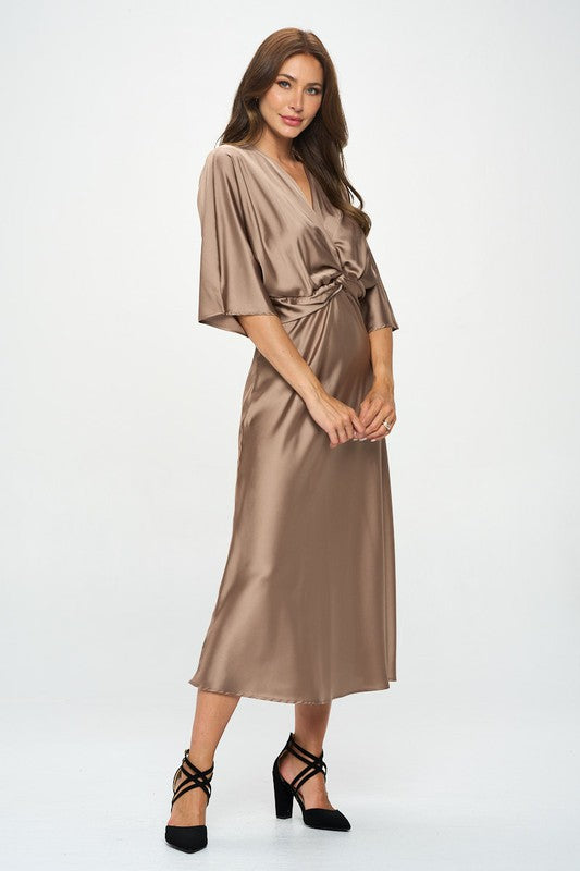 Satin Stretch Solid Dress with Front Twist